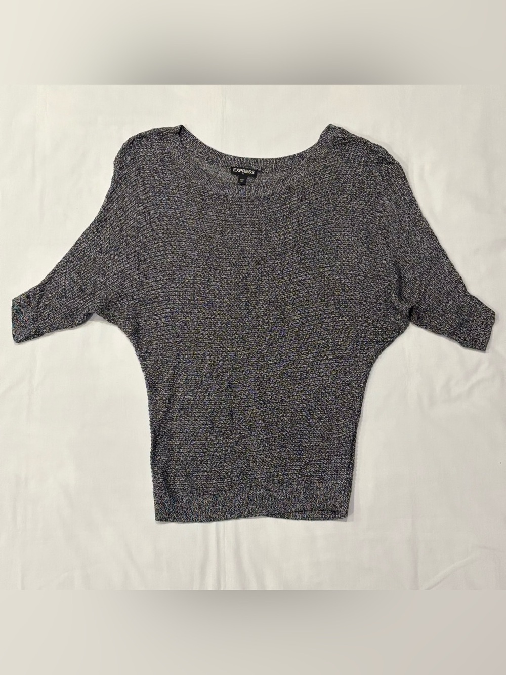 EXPRESS Womens Dolman Sweater XS Black Gray Marled Knit Batwing Short Sleeve
